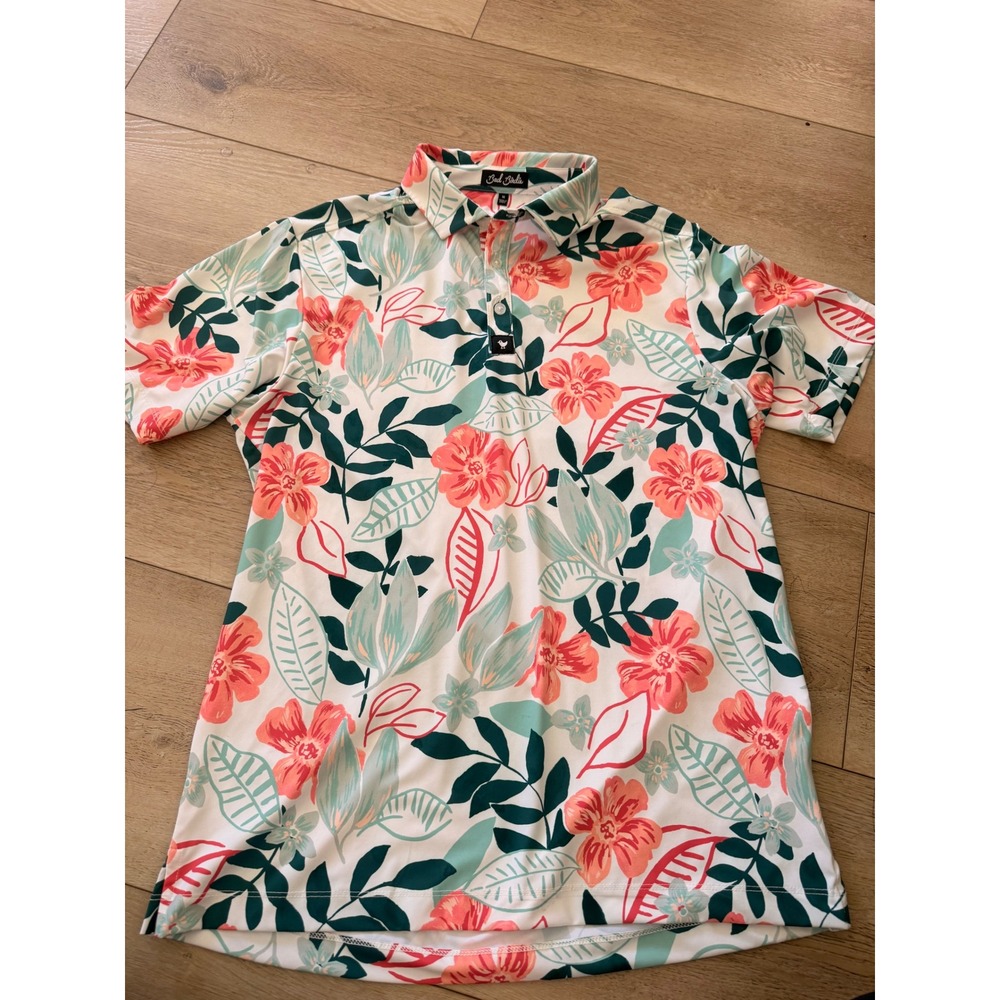 Bad Birdie Mens Golf Polo Shirt Medium Floral Tropical Short Sleeve White Coral